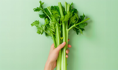 Hand holding green celery vegetable on green background, healthy lifestyle and diet concept.