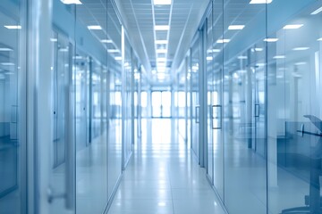Fototapeta premium Modern office corridor with blurred room background ideal for business presentations or corporate settings. Concept Business Presentations, Corporate Settings, Modern Office, Blurred Background