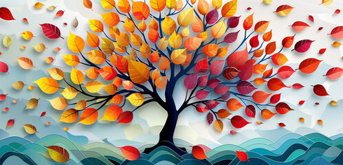 Colorful Abstract Autumn Tree with Falling Leaves Design