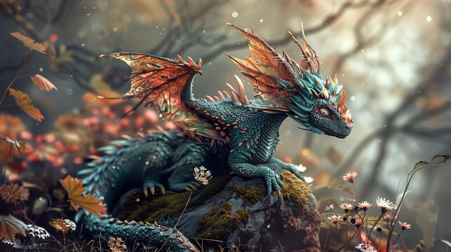 cute fairy-tale dragon with wings and horns in a forest