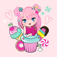 Cute cartoon little girl with cake on a pink background isolated. Anime style. Modern trend. Print for t-shirt for kids - 767199962