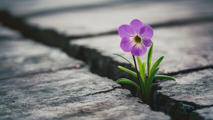 Purple flower growing in crack, soft focus with blank text