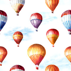 Fototapeta premium Colorful Air Balloons in the cloudy sky. Hand drawn watercolor seamless pattern isolated on white background
