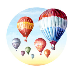 Fototapeta premium Colorful Air Balloons, Hand drawn watercolor illustration isolated on white background