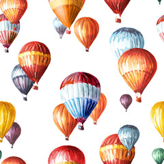 Obraz premium Colorful Air Balloons. Hand drawn watercolor seamless pattern