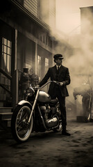 Time Tunnel: Vintage Motorcycles and Men in Old Warehouse in British Columbia - obrazy, fototapety, plakaty