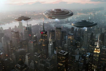 Rolgordijnen UFOs appear and fly over cities. Aliens uncover unknown areas of Earth's civilization. Concept for civilization and technology. © omune