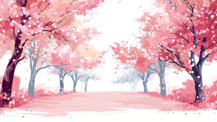 Spring Blossom Avenue Watercolor Cherry Trees Pink Floral Pathway Artistic Scenery Tranquil Park Walkway Romantic Nature Illustration