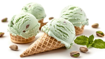 pistachio ice cream cones isolated on a white background