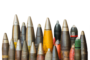 Row of weathered antique world war two bombs