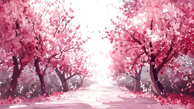 Spring Blossom Avenue Watercolor Cherry Trees Pink Floral Pathway Artistic Scenery Tranquil Park Walkway Romantic Nature Illustration