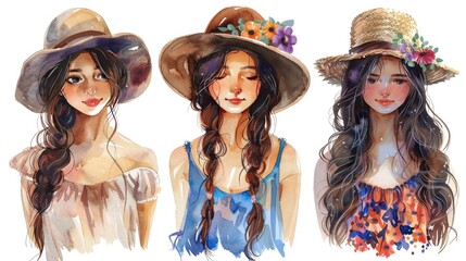 A delightful watercolor painting illustration showcasing a collection of cute boho