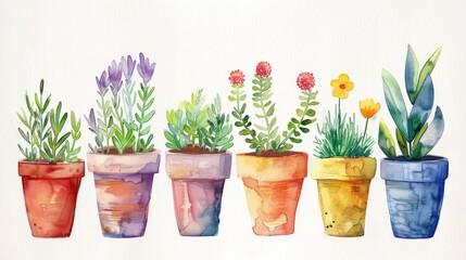 A delightful watercolor painting illustration showcasing a collection of cute boho flower pot plants
