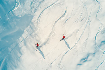 Drone view of a snowy mountain with skiers descending - obrazy, fototapety, plakaty