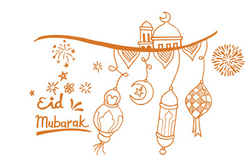 Eid mubarak doodle, ouline art, eid ul fitar doodle. , greeting card, header for website
