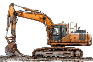 Rusty hydraulic excavator at rest with a muddy bucket and worn tracks isolated on a transparent background