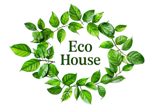 Circular arrangement of fresh leaves framing Eco House text for environmental awareness