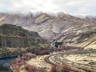 Yakima River and train tracks through a river valley in Washington State