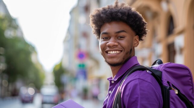Young man with curly hair smiling wearing a purple shirt and a backpack standing on a city street with blurred background.