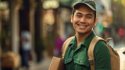 Young man with a smile wearing a green shirt and a cap carrying a cardboard box and a backpack standing on a street with blurred background.