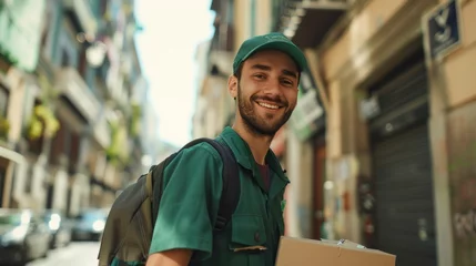 Fototapeten Smiling man in green uniform with backpack and box standing in narrow street with tall buildings and parked cars. © iuricazac