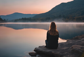 Femme seule isolée au bord d'un lac - obrazy, fototapety, plakaty