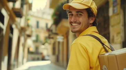  A cheerful man in a yellow uniform wearing a cap carrying a box on his shoulder walking down a narrow street with buildings on either side. © iuricazac