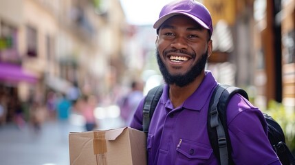Smiling man in purple uniform holding cardboard box on busy street.