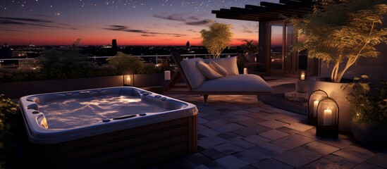 A hot tub is placed on a patio overlooking the nighttime cityscape. Water glistens under the starry sky, surrounded by trees and plants, creating a serene and relaxing landscape - obrazy, fototapety, plakaty