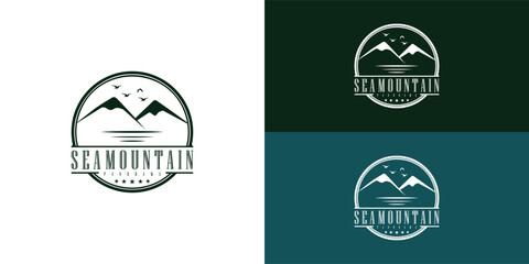 Hawaii Island with Mountain and Sea illustration with retro stamp logo in deep green color isolated on multiple background colors. The logo is suitable for outdoor travel adventure icon logo design