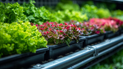 A row of potted plants with green and red leaves are displayed in a store. The plants are arranged in different sizes and colors, creating a visually appealing display - Powered by Adobe
