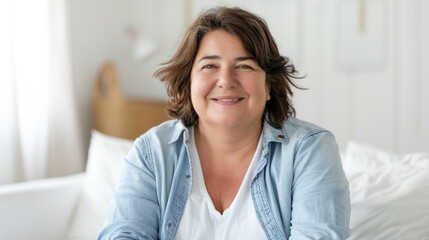 Smiling woman with short brown hair wearing a light blue denim jacket over a white top sitting on a white bed with a wooden headboard in a brightly lit room. - obrazy, fototapety, plakaty