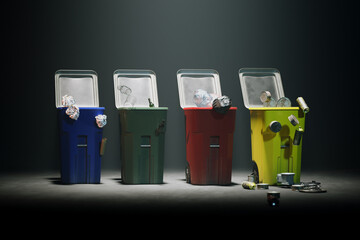 Color-Coded Recycling Bins Overflowing with Assorted Waste Materials