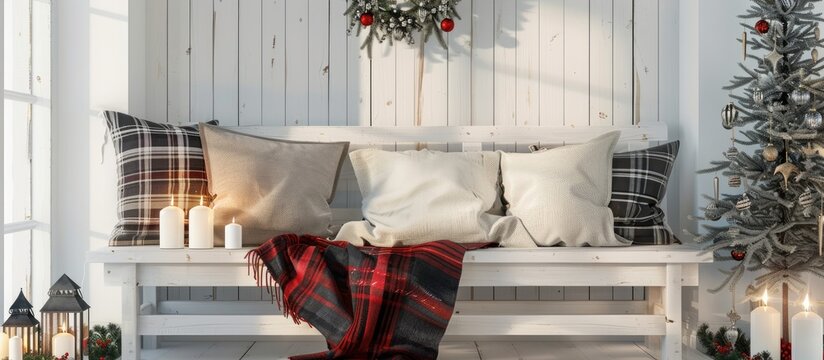Mockup of a white wooden frame featuring Christmas tree, candles, cushions, and plaid on a white bench. Perfect for showcasing product designs,