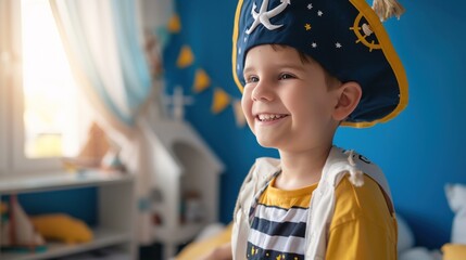 Young boy in pirate costume smiling with blue wall and yellow bunting in the background.