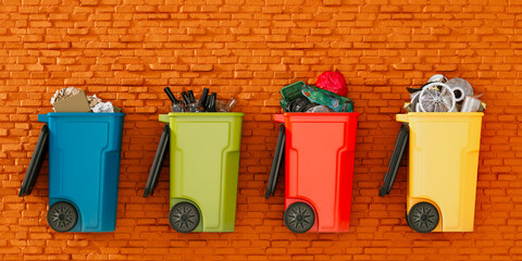 Colorful Recycling Bins for Paper, Plastic, Glass, and Metal Against Brick Wall