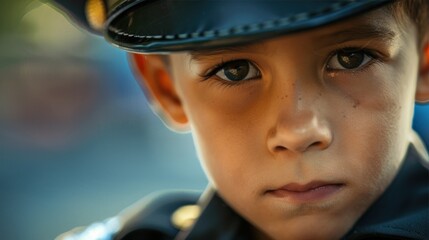 Young boy in uniform with serious expression looking slightly to the side.