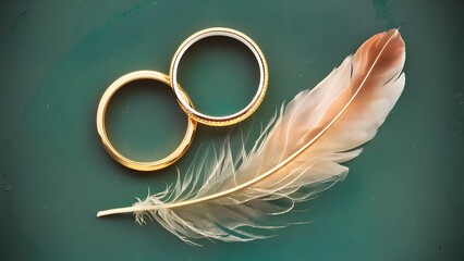 Retro toned background with two golden wedding rings and gentle feather