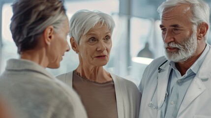 Obraz premium Elderly couple in hospital doctor with stethoscope concerned expressions medical setting.