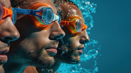 Three male swimmers wearing goggles with bubbles rising from their mouths in a pool. - obrazy, fototapety, plakaty