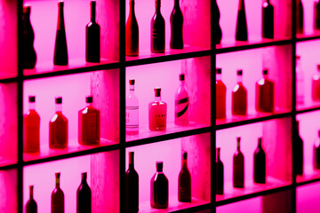 Mesmerizing Array of Bottles Illuminated by Vibrant Pink Light on Shelves