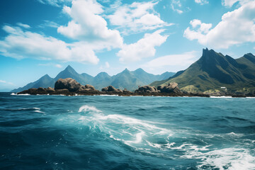 Dramatic coastline landscape with green mountains meeting the blue sea under a cloudy sky - Powered by Adobe