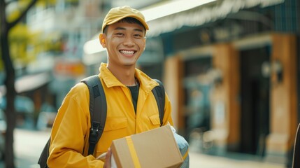 Young man in yellow jacket and cap smiling holding a box standing on a street with blurred background.
