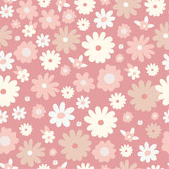 Pink seamless pattern with trendy small flowers. Daisy flowers. Vector surface design for invitation, wrapping paper, packaging, fabric etc.