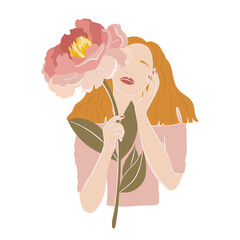Modern abstract woman portrait on white background. Contemporary female face with peony flower. Trendy minimalist style. Vector illustration.
