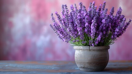 a cluster of lavender in a rustic wooden pot, against a soft lavender backdrop, portraying the fragrant blooms and delicate stems in lifelike 16k ultra HD. - obrazy, fototapety, plakaty