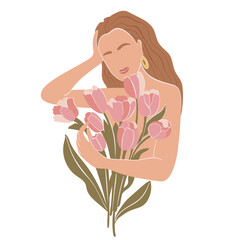 Modern abstract woman portrait on white background. Contemporary female face with bouquet of tulip flowers. Trendy minimalist style. Vector illustration.