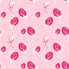 Seamless pattern with spring and summer flowers. Sketch-style magnolia pattern, hand-drawn on pink background for unique design of packaging and flower shops.