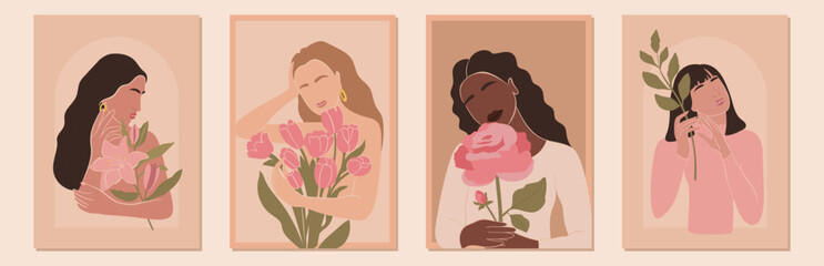 Set of International Women's Day greeting card. Abstract woman portrait different nationalities with flowers. Girl power, struggle for equality, feminism, sisterhood concept. Vector illustration.