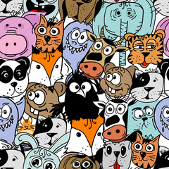 Seamless pattern of colored funny animals. Not AI, Color flat Vector illustration